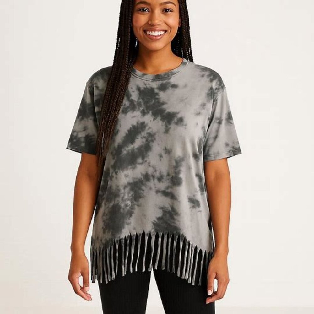 NWT ASOS Gray and Black Boho Hippie Fringed Bottom Tie Dye Tee size S